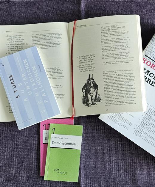 Von links nach rechts: "De Renert" (Michel Rodange); "D'Kuebennascht" (Alain Atten); "Stürze aus unterschiedlichen Fallhöhen" (Elise Schmit); "Packatuffi" (Guy Rewenig)