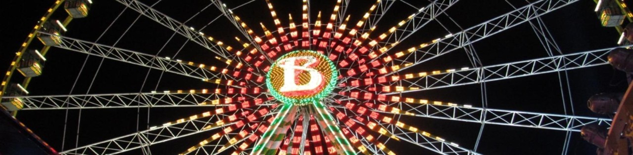 The ferris wheel "Belle Epoque" illuminated at night.