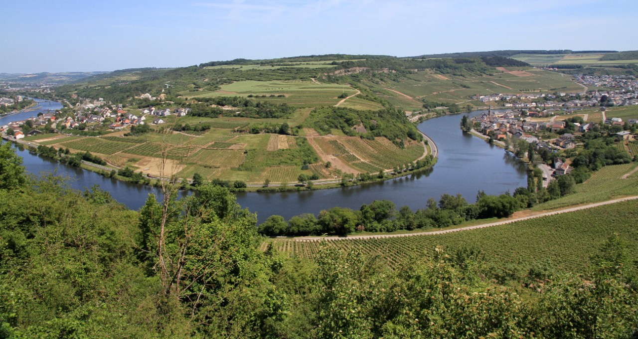 Vue panoramique de la vallée de la Moselle près des villages de Machtum (Luxembourg) et de Wellen (Allemagne)