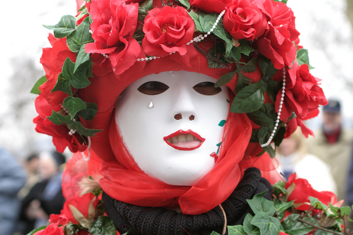 Masque décoré de roses rouges et de feuilles de lierre